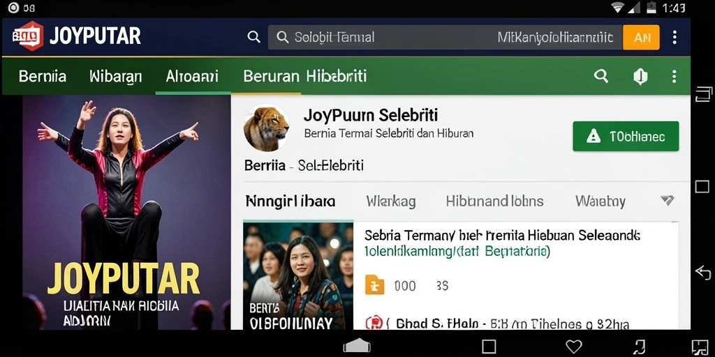 Antarmuka aplikasi JOYPUTAR menunjukkan berita hiburan terkini.