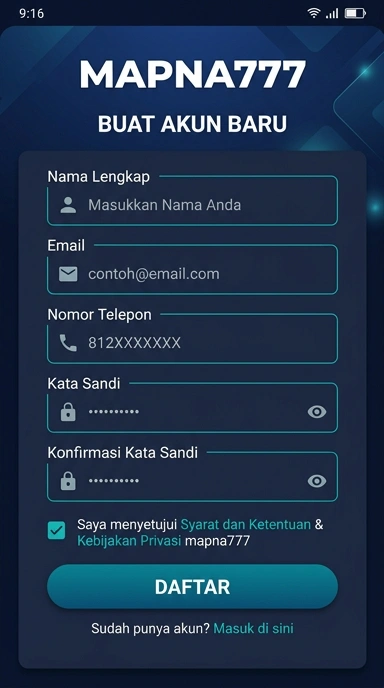 Tampilan halaman daftar mapna777